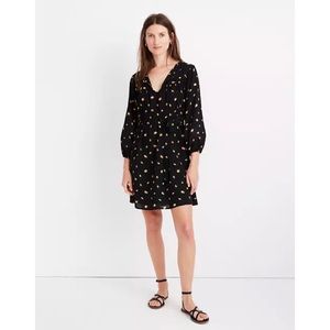 Madewell Tie Waist Mini Dress French Daisies Long Sleeve Boho Dress Black XXS
